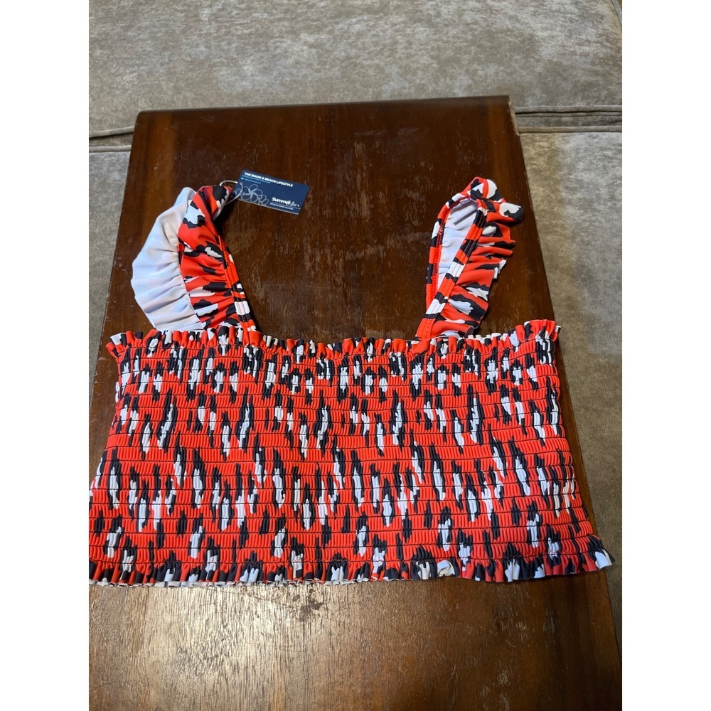 Summer Mae Red Black White Abstract Print Smocked Ruffle Bikini Top Large NWT